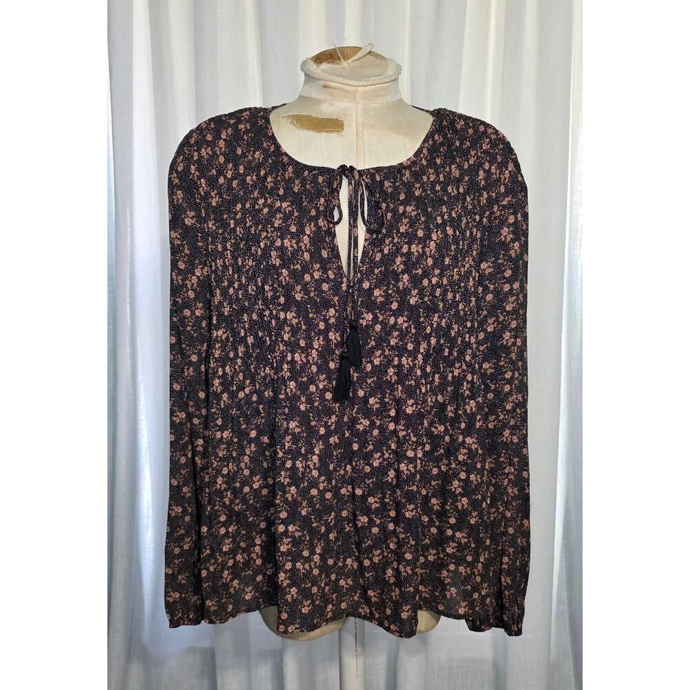 DR2 size L Black‎ Brown Ditsy Floral Tie Front Soft Flowy Long Sleeve Blouse